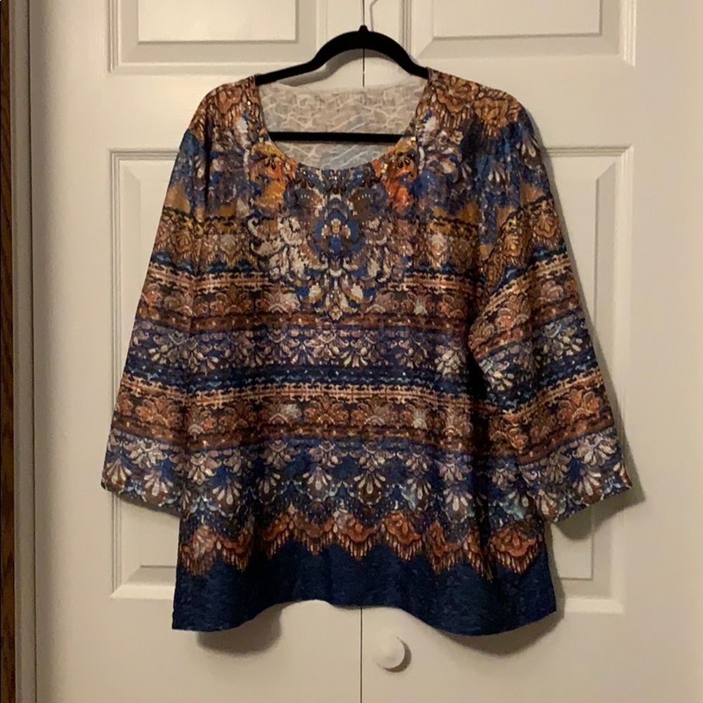 Multicolor 3/4 sleeve dress top ~ studded neckline